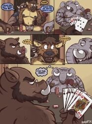 2025 age_difference alfonso_(nanoff) anthro arm_tattoo athletic athletic_anthro athletic_male balls balls_outline beard big_ears body_hair broken_tusk brown_body brown_fur brown_hair bulge card chain_tattoo cheat chest_tattoo closed_smile clothed clothing comic detailed_bulge dialogue ear_piercing ear_ring elephant elephantid erection eyebrows eyewear facial_hair four_of_a_kind_(poker_hand) fur furniture genital_outline genitals glasses grey_body group hair hi_res horacio_(nanoff) hyena inside jockstrap jockstrap_only looking_at_another male male/male mammal manly markings mature_anthro mature_male moobs mouth_closed musclegut muscular muscular_anthro muscular_male nanoff nipple_piercing nipple_ring nipples on_lap onomatopoeia open_mouth open_smile overweight overweight_anthro overweight_male penis piercing playing_card poker_chip precum_through_jockstrap proboscidean proboscis_(anatomy) procyonid raccoon ring_piercing sitting_on_lap sitting_on_penis smile sound_effects speech_bubble spots spotted_body spotted_fur spread_legs spreading suarez_(nanoff) suid suine sus_(pig) table tattoo teeth text thought_bubble topless trunk_(anatomy) tusks underwear underwear_only walter_rossi_(nanoff) wild_boar