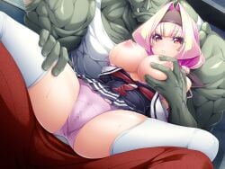 1boy azarin_(kouyoku_senki_exs-tia) black_hairband black_skirt blonde_hair blush bow bra bra_pull breasts breasts_out censored clothes_pull colored_skin female game_cg grabbing_another's_breast grabbing_from_behind green_skin groping hair_intakes hairband headband imminent_rape inoino kouyoku_senki_exs-tia large_breasts long_hair mosaic_censoring muscular nipples non-web_source official_art orc panties pants parted_lips pink_bra pink_panties pleated_skirt rape red_pants school_uniform shiny_skin shirt_pull sitting sitting_on_lap sitting_on_person skirt sportgil spread_legs straight sweat thighhighs underwear variant_set white_thighhighs wide_spread_legs yellow_eyes