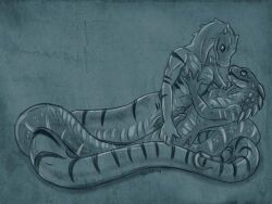 anthro apode caribou_(artist) cobra coiling coiling_another draconcopode duo erection from_front_position frottage genitals humanoid_genitalia humanoid_penis legless male male/male markings naga nude nude_anthro nude_male ophius_(bahumot) penile penis penises_touching python reptile scales scalie serandite serpentine sex simple_background smile snake snake_hood tail