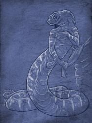 anthro apode caribou_(artist) cobra coiling draconcopode erection forked_tongue genitals humanoid_genitalia humanoid_penis legless looking_at_viewer male markings naga nude nude_anthro nude_male ophius_(bahumot) penis reptile scales scalie serpentine simple_background smile snake snake_hood solo tail tongue tongue_out