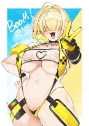 1girl ahoge blonde_hair blush breasts cameltoe clothing_cutout elegg_(boom_and_shock)_(nikke) elegg_(nikke) female gloves goddess_of_victory:_nikke hair_intakes hair_over_eyes heart heart_cutout highres large_breasts long_bangs looking_at_viewer multicolored_hair navel oerba_yun_fang open_mouth shiny_skin shishamo_712 short_hair skindentation slingshot_swimsuit smile solo swimsuit thigh_strap thighs two-sided_gloves two-tone_hair underboob v wet yellow_gloves yellow_slingshot_swimsuit