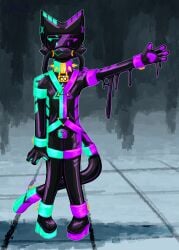 4_fingers ambiguous_gender anthro black_body clothing collar cuffs_(clothing) felid feline fingers floor glowing glowing_markings harness hi_res latex latex_clothing latex_skinsuit lock mammal markings mask mossky null_bulge nyphakosi skinsuit slime solo spiked_collar spikes tight_clothing tile tile_floor tube visor