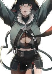 1girls absurdres animal_ears arm_up black_hair black_shorts breasts breath brown_pantyhose commentary cropped_jacket cropped_shirt earrings female foreshortening garter_straps green_eyes green_jacket high-waist_shorts highres jacket jane_doe_(zenless_zone_zero) jewelry large_breasts long_sleeves long_tail looking_at_viewer mechanical_tail miz_blank mouse_ears naughty_face necktie necktie_lift outstretched_arms pantyhose pantyhose_under_shorts parted_lips sharp_tail shirt shorts single_garter_strap single_leg_pantyhose smile solo straight-on stud_earrings sweat symbol-only_commentary tail thigh_gap tongue tongue_out torn_clothes torn_shirt zenless_zone_zero zipper zipper_pull_tab