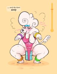 2020 absurd_res anthro areola areola_visible_through_clothing arms_outstretched aroused blush bodily_fluids bottom_heavy breasts canid canine canis clothing commanding_viewer crouching domestic_dog exercise_clothing female floppy_ears front_view fur genital_fluids genitals hi_res kaboozey leotard looking_down looking_pleasured mammal meter moan nipples one_breast_out overweight overweight_anthro overweight_female penetration pink_clothing pink_leotard poodle poofy_hair pooh_(kaboozey) profanity pubes pussy sex_toy sex_toy_in_vagina sex_toy_insertion simple_background slightly_chubby slightly_chubby_anthro slightly_chubby_female solo speech_bubble stretched_anus sweat tail talking_to_viewer teeth thick_thighs tongue tongue_out translucent translucent_clothing vaginal_fluid_string vaginal_fluids vaginal_fluids_on_ground vaginal_fluids_on_leg vaginal_penetration vibrator vibrator_in_vagina vulva white_body white_fur