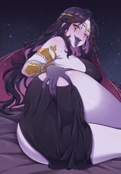 absurdres ass black_dress black_hair breasts colored_extremities colored_inner_hair colored_tongue dress facial_mark female fingernails gold_armlet highres iampatty indie_virtual_youtuber large_breasts long_hair multicolored_hair open_mouth purple_hair purple_tongue scar scar_on_breasts second-party_source sharp_fingernails sky solo star_(sky) starry_sky thighs tongue tongue_out twitch twitch.tv twitter vexoria_the_sun_eater virtual_youtuber vtuber yellow_eyes youtube youtuber