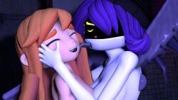 2girls 3d big_breasts face_lick licking_face meggy_spletzer murder_drones murder_drones_x_humans sfm smg4 source_filmmaker uzi_(murder_drones) wings
