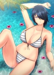 1girls afloat arm_behind_back arm_support arm_up armpits asian asian_female bare_legs bikini breasts collarbone female female_only flower head_tilt hi_res highres huge_breasts leg_up looking_at_viewer navel one_eye_covered original original_character palm_leaf partially_submerged pink_flower remake shallow_water shiny_skin short_hair smile solo stickvenezuela string_bikini swimsuit tagme teenage_girl teenager thick_thighs water water_drop wet wide_hips yukihana_amano_(stickvenezuela)