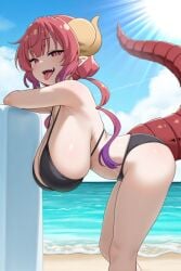 1girl ai_generated beach big_breasts big_tits bikini black_bikini curled_horns day dragon dragon_girl dragon_horns dragon_tail female hanging_breasts huge_breasts ilulu_(dragon_maid) ilulu_(maidragon) kobayashi-san_chi_no_maidragon looking_at_viewer open_mouth pointy_ears red_eyes red_hair seductive_look seductive_smile sharp_teeth shortstack small_girl smaller_female tongue_out