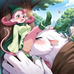 1girls ai_generated animal_hands anthro blush breasts chrono_(series) chrono_cross cunnilingus face_in_crotch female flying forest furry green_cape green_clothes green_eyes medium_breasts minigirl moaning mouse mouse_ears mouse_girl mouse_tail panties_around_one_leg pink_fur purple_hair razzly ruins size_difference spread_legs thick_thighs two_tone_fur white_fur