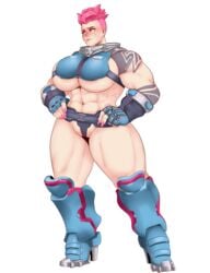 1girls 2d abs adapted_costume big_breasts blizzard_entertainment blush breasts embarrassed female huge_breasts lowres muscle muscular_female muscular_legs nervous overwatch short_hair sunnysundown sweat thick_legs thick_thighs tight_clothing video_games zarya