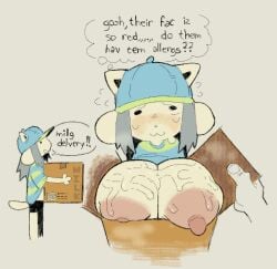 1girls :3 anthro areola big_breasts big_nipples blush bodily_fluids box breast_squish breasts clothing container delivery_employee disembodied_hand female grey_hair hair hat headgear headwear hi_res huge_breasts hyper hyper_breasts looking_at_viewer musk musk_clouds nervous nipples offmoss1 plain_color puffy_areola puffy_nipples sequence simple_background skinny solo solo_focus speech_bubble squish sweat sweaty_breasts tem temmie_(undertale) top_heavy undertale undertale_(series) white_body