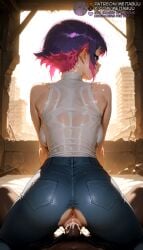 1boy ai_generated anus ass back backboob bare_shoulders breasts censored clothed_female_nude_male clothed_sex colored_inner_hair cowgirl_position cum cum_in_pussy cum_overflow dark-skinned_male dark_skin denim female from_behind interracial jeans large_breasts looking_at_viewer looking_back male_pubic_hair meitabuu mosaic_censoring multicolored_hair pants penis pink_hair pov pov_crotch pubic_hair purple_hair pussy ramona_flowers reverse_cowgirl_position ruins scott_pilgrim scott_pilgrim_takes_off sex sex_from_behind shirt short_hair sidelocks sleeveless sleeveless_shirt sleeveless_turtleneck solo_focus straddling straight sweat torn_clothes torn_pants turtleneck two-tone_hair uncensored vaginal_penetration wet wet_clothes wet_shirt white_shirt
