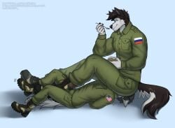 absurd_res anthro ass bodily_fluids bulge canid canine clothed clothing digital_media_(artwork) duo eating english_text facesitting food footwear fur hair hi_res holding_object lbyluc male male/male mammal military military_uniform muscular muscular_anthro muscular_male musk press simple_background sitting sitting_on_another size_difference smile soldier sweat tail text uniform warrior