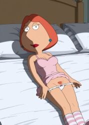 ai_assisted ai_generated bush family_guy ginger ginger_female ginger_hair ginger_pubic_hair lois_griffin lying lying_on_back lying_on_bed milf pink_nightgown pulling_down_pants pulling_panties red_hair redhead_female seductive striped_socks white_panties