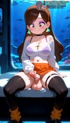 ai_generated aquarium bare_shoulders black_choker black_eyes black_footwear black_nails black_thighhighs blush blush_stickers bra breasts brown_hair choker cleavage cleavage_cutout closed_mouth clothing_cutout collarbone crop_top disney disney_channel earrings erection eyeshadow female fingernails fish full_body futanari futanari_masturbation gravity_falls hairband indoors jewelry large_breasts large_penis large_testicles loafers long_fingernails long_hair long_sleeves looking_at_penis looking_down mabel_pines makeup masturbation meitabuu midriff miniskirt nail_polish navel off-shoulder_shirt off_shoulder orange_skirt penis pleated_skirt see-through_shirt shirt shoes sitting skindentation skirt smile socks solo swimsuit testicles thigh_strap thighhighs uncensored underwater underwear white_shirt yellow_hairband