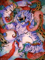 2025 anthro blue_body blue_fur breasts cephalopod chest_tuft coleoid digit_ring ear_piercing facial_piercing fangs felid female finger_ring fur jewelry lip_piercing mammal marine mollusk nipple_piercing nipple_ring nipples nose_piercing nose_ring octopodiform octopus painting_(artwork) pantherine piercing ring ring_piercing solo striped_body striped_fur stripes suckers teeth tentacle tiger tuft watercolor_(artwork) yetifish
