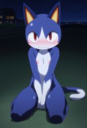 ai_generated animal_crossing caught covering covering_crotch embarrassed embarrassed_nude_male night nintendo nude outdoors rover_(animal_crossing)