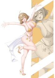 :d anis_(nikke) blush facial_tattoo goddess_of_victory:_nikke gold_bikini happy heart_tattoo huge_breasts leg_tattoo one_eye_closed one_leg_up sarong smile soo_owl spread_arms thick_thighs upper_teeth_only wide_hips yellow_nails yellow_toenails zoom_layer