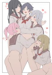 5girls ass black_hair blue_eyes blue_hair blush bottomless brown_hair cleft_of_venus commentary_request fang female_only grey_hair grey_sailor_collar group harem heart height_difference highres hug lesbian lesbians long_hair long_sleeves looking_at_another medium_hair multiple_girls neckerchief open_mouth original pink_hair ponytail pout pussy red_neckerchief sailor_collar school_uniform serafuku shirt short_hair smile soyo1558686 white_background white_shirt yuri