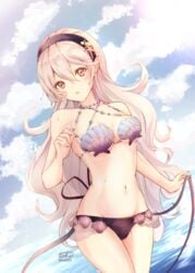 1girls :o artist_name atoatto bangs bare_arms beach bikini black_bikini_bottom blush breasts cleavage cloud cloudy_sky collarbone corrin_(female)_(summer)_(fire_emblem) corrin_(fire_emblem) corrin_(fire_emblem)_(female) cowboy_shot day eyebrows_visible_through_hair fire_emblem fire_emblem_cipher fire_emblem_fates hair_between_eyes hair_ornament hairband long_hair looking_at_viewer manakete medium_breasts navel nintendo ocean open_mouth outdoors pointy_ears red_eyes seashell seaside see-through shell shell_bikini silver_hair simple_background sky smile stomach stripping swimsuit very_long_hair water white_hair