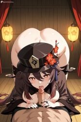 1boy 1girl ai_generated all_fours alternate_breast_size ass black_headwear black_nails black_shorts blush bottomless breasts brown_hair coat digitalwaifugallery erection fellatio flower flower-shaped_pupils genshin_impact hair_between_eyes hat hat_flower hetero hi_res high_quality high_resolution hu_tao_(genshin_impact) jewelry large_breasts licking licking_penis long_hair long_sleeves looking_at_viewer multiple_rings nipples open_mouth oral patreon penis plum_blossoms porkpie_hat pov red_eyes ring seductive sexy shorts solo_focus sweat symbol-shaped_pupils tongue tongue_out uncensored watermark