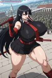 ai ai_generated akame_(akame_ga_kill!) akame_ga_kill! ass big_ass big_breasts black_hair black_shirt black_skirt breasts dratvan_(style) erect_nipples female huge_ass huge_breasts hyper_ass hyper_breasts katana long_hair necklace red_eyes red_tie reenka25 sword thick_ass thick_thighs tie very_long_hair weapon