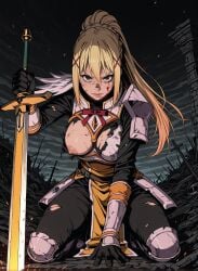 1female 1girls ai_generated armor blonde_hair blood bodysuit braid braided_hair breasts breasts_exposed broken_armor darkness_(konosuba) dustiness_ford_latatina female female_knight fierce fierce_expression full_body futality green_eyes hair_accessory holding_sword kneeling knight kono_subarashii_sekai_ni_shukufuku_wo! konosuba large_breasts lips long_hair looking_at_viewer nipples plate_armor ponytail ripped_clothing solo tattered torn_clothing
