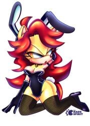1girls armwear big_ass breasts bunny_ears bunny_tail bunnysuit cinder_(thechaosspirit) collar fan_character female female_focus female_only fishnets hands_behind_head heels long_hair mobian mobian_(species) oc original_character red_hair sega solo solo_female solo_focus sonic_(series) sonic_the_hedgehog_(series) tagme tsunderebolt yellow_body yellow_eyes