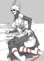 1girls 2018 artist_request ass big_ass big_breasts bodily_fluids breasts cultist cultist_acolyte darkest_dungeon female hi_res laying laying_down looking_back mask masked_female monochrome pussy ripped_clothing see-through see-through_clothing solo source_request