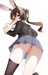 absurdres amiya_(arknights) animal_ear_fluff animal_ears anus aqua_eyes aqua_ribbon arknights ass asymmetrical_legwear black_sailor_collar black_shirt black_thighhighs blush brown_hair censored censored_anus chinese_commentary commentary_request double-parted_bangs feet_out_of_frame female film_grain foot_up from_behind grid_print hair_between_eyes hair_ribbon hand_up highres long_bangs long_hair looking_at_viewer looking_back mosaic_censoring no_panties no_tail parted_lips ponytail purple_skirt pussy rabbit_ears rabbit_girl ribbon sailor_collar school_uniform serafuku shenmi_de_xigua shirt simple_background single_thighhigh skirt solo standing thighhighs turning_head upskirt variant_set white_background