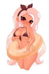 1girls artist_signature big_breasts bikini bikini_pull blush bow breasts cleavage hourglass_figure infamousavage inflatable long_hair looking_at_viewer momo_(infamousavage) nintendo octoling octoling_girl pool_toy smile solo splatoon splatoon_(series) white_background