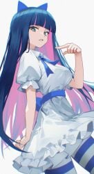 1girls blue_eyes blue_hair busty danraz0r dress light-skinned_female light_skin panty_&_stocking_with_garterbelt stocking_anarchy stockings white_background white_dress