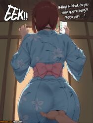 1boy 2025 ai_assisted ai_generated anime anime_girl anime_style artist_name ass ass_focus ass_grab ayase_momo black_choker blue_kimono brown_hair cellphone cheating_(relationship) choker dandadan earrings english_text female fingering floral_print from_behind hi_res high_quality high_res high_resolution highres holding holding_phone huge_ass japanese_clothes jewelry kimono momo_ayase netorare obi patreon patreon_username phone pov red_hair rinkoai sash short_hair smartphone solo_focus straight uncensored watermark yukata