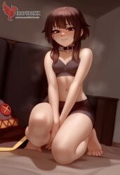 1girls 2d ai_generated ass back bare_shoulders barefoot big_ass bra brown_hair collar erophoenix female female_focus full_body kono_subarashii_sekai_ni_shukufuku_wo long_hair looking_at_viewer megumin pale_skin pale_skinned_female panties patreon_username red_eyes short_hair sitting small_breasts smile soles solo thick thick_thighs uncensored underwear