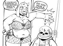 1boy 1boy1girl 1girls anthro awkward big_breasts blush boss_monster boss_monster_(undertale) bouncing_breasts box_chan breasts chubby chubby_female deltarune desperation english_text female female fluffy furry lipstick male male/female monochrome nipples prostitution sans see-through see-through_clothing sweat sweatdrop text toriel undertale undertale_(series)