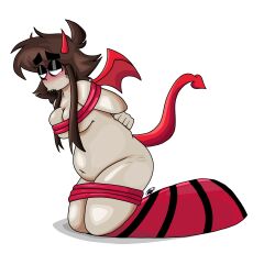1boy ambiguous_gender black_eyeshadow blush bondage breast breasts brown_hair chubby chubby_male demon devil_horns devil_tail devil_wings horns horny horny_male male naked red_stockings stockings striped_stockings tail tied_up transgender wings