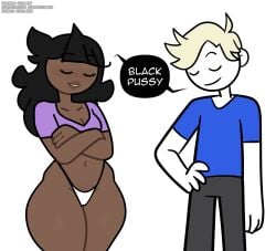 1boy accurate_art_style artist_self-insert black_hair black_pants blonde_hair blue_shirt blush breasts cleavage closed_eyes clothing colored_skin crop_top crossed_arms dark-skinned_female dark_skin english_language english_text female hand_on_own_hip highleg highleg_panties jaiden jaiden_(jaiden_animations) jaiden_animations jaidenanimations long_hair male navel panties pants pantsu purple_shirt shirt short_hair smile steca text thelazyart thick_thighs thighs underwear very_dark_skin white_panties white_skin youtube youtuber youtuber_girl youtubers