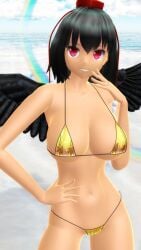 2025 3d beach big_breasts bikini black-haired_female breasts clouds crow_wings hand_on_face hand_on_waist hat hati_yukkuri_mmd headwear hips light-skinned_female mmd navel outdoors rainbow red-eyed_female reflection shameimaru_aya short-haired_female sky smiling swimsuit tengu touhou waist water wings youkai