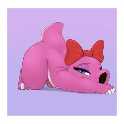 1:1 2023 anthro ass_up bedroom_eyes big_bow birdo blue_eyes border claws erection eyelashes eyeshadow femboy full-length_portrait genitals head_bow hi_res humanoid_genitalia humanoid_penis looking_at_viewer lying makeup male male_anthro mario_bros narrowed_eyes neemyart nintendo nude on_front penis portrait purple_background purple_eyeshadow raised_tail red_bow scalie seductive side_view simple_background solo squint tail thick_thighs three-quarter_view white_border white_claws