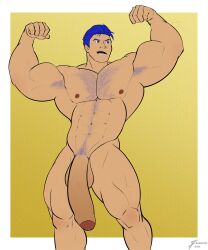 1boy abs armpit_hair bara barodityarts big_penis blue_hair blue_pubic_hair fire_emblem flexing_arms foreskin gay hairy_male hector_(fire_emblem) leaking_precum male muscular muscular_male nipples pecs penis solo solo_male thighs uncircumcised unretracted_foreskin veiny_penis yaoi
