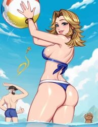 1girls 2boys ass bikini blushypixy blushyspicy breasts female female_focus invisible_woman invisible_woman_(marvel_rivals) large_breasts light-skinned_female light_skin looking_at_viewer looking_back male marvel marvel_rivals reed_richards sue_richards sue_storm swimsuit thighs water