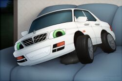 car furniture genitals green_eyes headlight hi_res living_machine living_vehicle lying_on_sofa machine male on_sofa penis smile sofa solo vehicle wheel white_body zegzagun