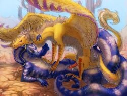 acidapluvia animal_genitalia anthro apode back_tuft balls barbel_(anatomy) blue_body bodily_fluids cecil_(bahumot) claws cloaca cloacal cloacal_penetration closed_eyes cobra cum digital_media_(artwork) draconcopode dragon duo erection feathered_wings feathers flesh_whiskers genital_fluids genitals horn legless male male/male male_penetrated male_penetrating male_penetrating_male markings mythological_creature mythological_scalie mythology naga nude nude_anthro nude_male ophius_(bahumot) penetration penile penile_penetration penis penis_in_cloaca purple_eyes reptile scales scalie serpentine sex snake snake_hood tail tail_tuft tuft white_markings wings yellow_body