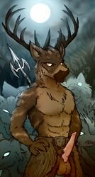 2018 animal_genitalia animal_penis anthro antlers balls bethesda_softworks canid canine captainzepto cervid clothing digital_media_(artwork) erection forest fur genitals group hi_res hircine_(elder_scrolls) horn hybrid loincloth looking_at_viewer male male_only mammal melee_weapon moon muscular muscular_male night penis polearm pose solo_focus spear the_elder_scrolls tree video_games weapon