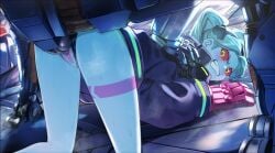 1boy ass bent_over blush breasts censored clenched_teeth colored_skin cyberpunk_(series) cyberpunk_edgerunners cyborg female highres leg_tattoo long_hair long_sleeves male mechanical_hands parted_bangs pussy rape rebecca_(cyberpunk) small_breasts tattoo teeth thighs waligner