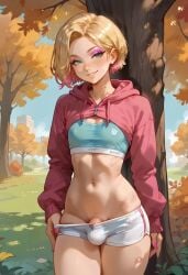 1boy 1femboy 2025 ai_generated alternate_version_available blonde_hair blush bulge crossdressing enya_diz eyebrows eyelashes eyeshadow feminine_male girly green_eyes looking_at_viewer male outdoors outside park penis penis_slip shorts showing_penis solo solo_focus sports_bra sports_uniform sportswear thick_thighs thighs trap