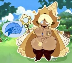bikini blonde_hair blue_eyes blue_sky breasts cloak cloud colored_skin cookie_run cookie_run_kingdom curvy dark_skin day facial_mark flower forehead_mark full_body futanari grass hat holding huge_breasts intersex lafreakysky micro_bikini navel nipples open_mouth outdoors outline personification pure_vanilla_cookie shadow_milk_cookie sky smile solo standing sunflower swimsuit thick_thighs thighhighs thighs tree white_outline wide_hips
