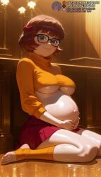 1girls ai_generated big_belly black-framed_eyewear blue_eyes blush bob_cut bow breasts brown_hair closed_mouth crop_top cropped_sweater feet female freckles full_body glasses hairbow hand_on_own_stomach hands_on_own_stomach indoors large_breasts long_sleeves looking_at_viewer meitabuu midriff miniskirt navel no_bra no_shoes on_floor orange_socks pink_skirt pleated_skirt pregnant puddle purple_skirt red_bow red_skirt reflection reflective_floor scooby-doo shiny_skin short_hair sitting skirt smile socks solo stirrup_legwear stomach sweat sweater thighs toe_ring toeless_legwear toenails toes turtleneck turtleneck_sweater underboob velma_dinkley wariza wet