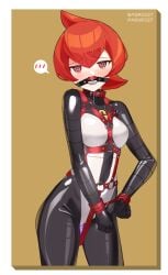 @_@ absurdres ball_gag blush bodysuit breasts censored cuffs dildo female gag gagged handcuffs highres impossible_bodysuit impossible_clothes latex latex_bodysuit looking_at_viewer maguro27 mars_(pokemon) medium_breasts mosaic_censoring object_insertion pokemon pokemon_dppt red_eyes red_hair saliva_drip sex_toy shibarikini skin_tight smile solo standing vaginal_object_insertion vaginal_penetration