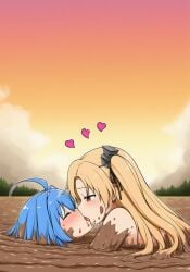 ai_generated azur_lane blush cleveland_(azur_lane) covered_in_mud dominant_female evening french_kiss heart helena_(azur_lane) lesbian_kiss mud muddy novelai outdoors quicksand sinking submissive_female tongue_kiss yuri